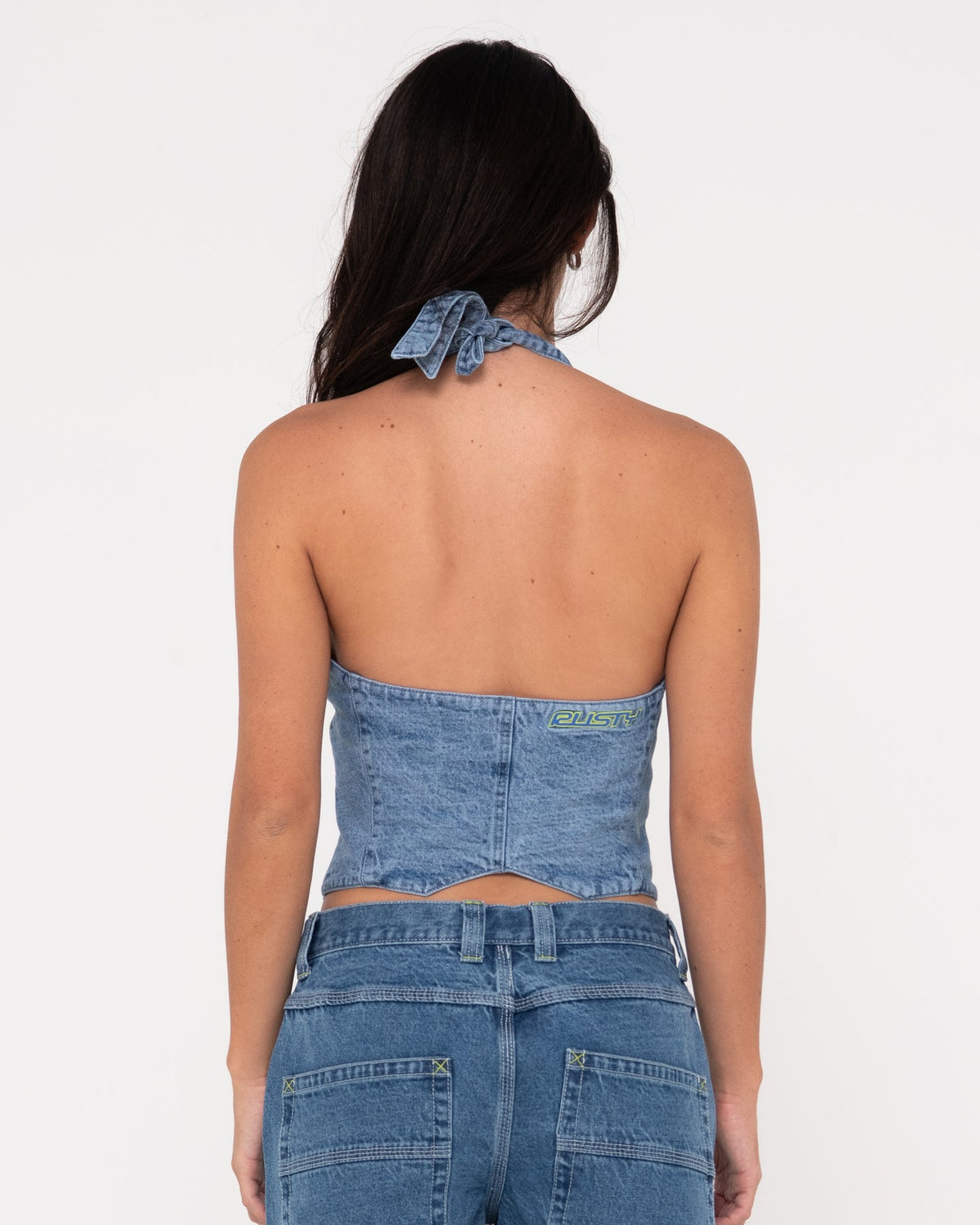 Rusty Flip Mommy Halter Neck Denim Vest - Middy Blue / Lime (view 6)
