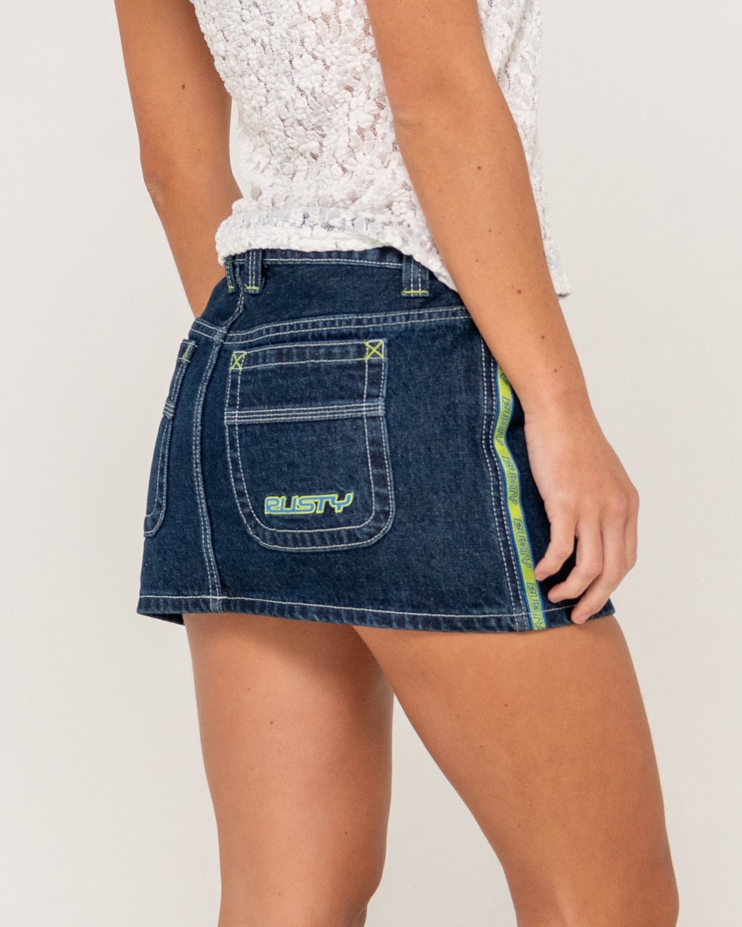 Flip Mommy Low Rise Denim Mini Skirt - Deep Blue / Lime