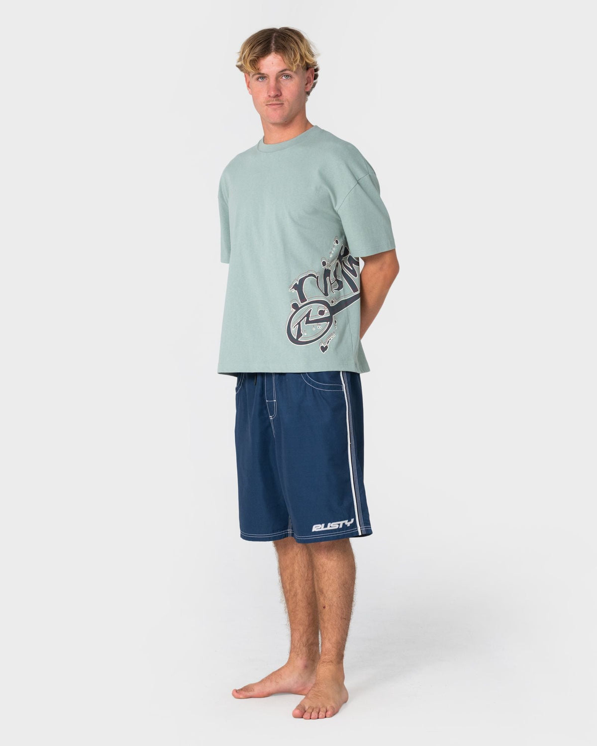 Rusty Flip Daddy Elastic Waist Boardshort in navy blue