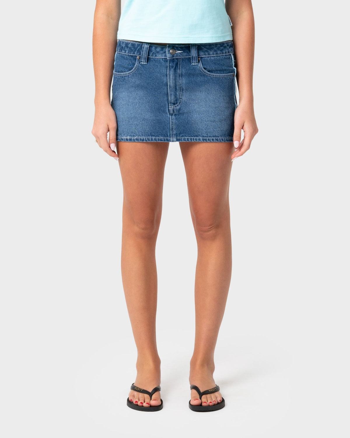 Rusty Flip Mommy Mini Denim Skirt blasted middy blue front