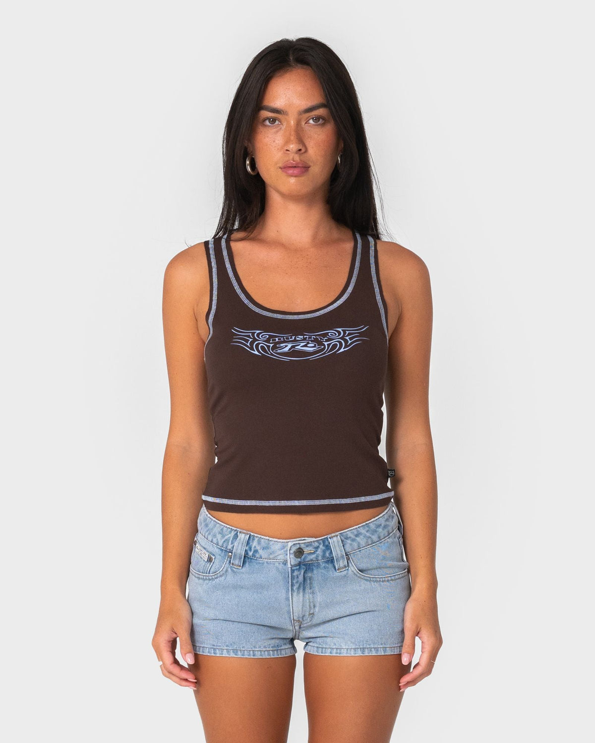 Rusty Dirrty Racer Tank in java and retro blue - detail