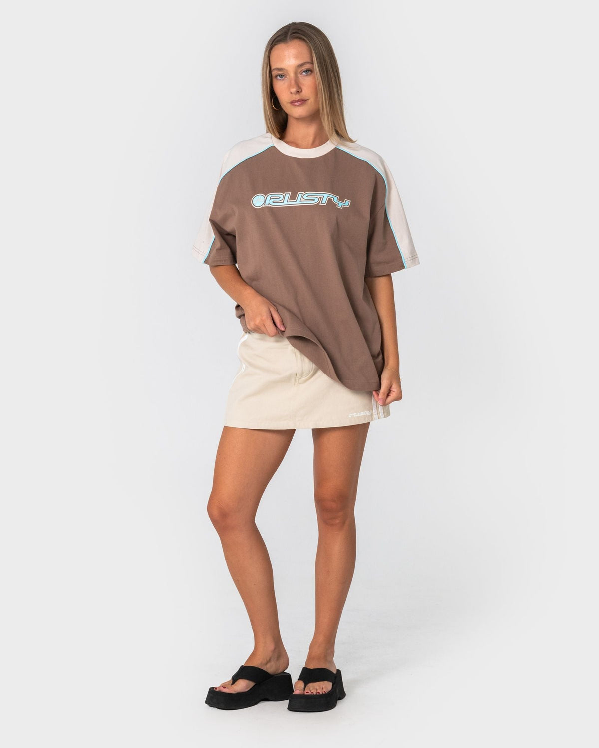 Rusty Timmy Target 220 Oversize Tee in mushroom and aqua
