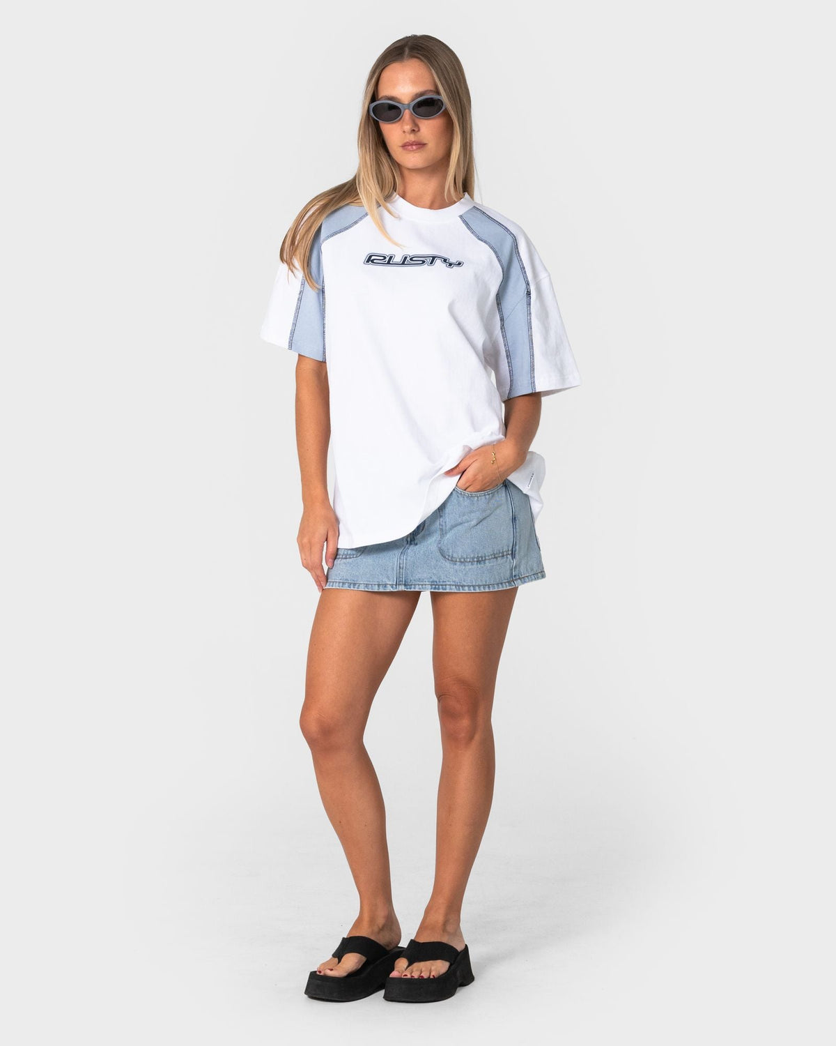 Rusty Wavers Tide Oversize Short Sleeve Tee in white and retro blue