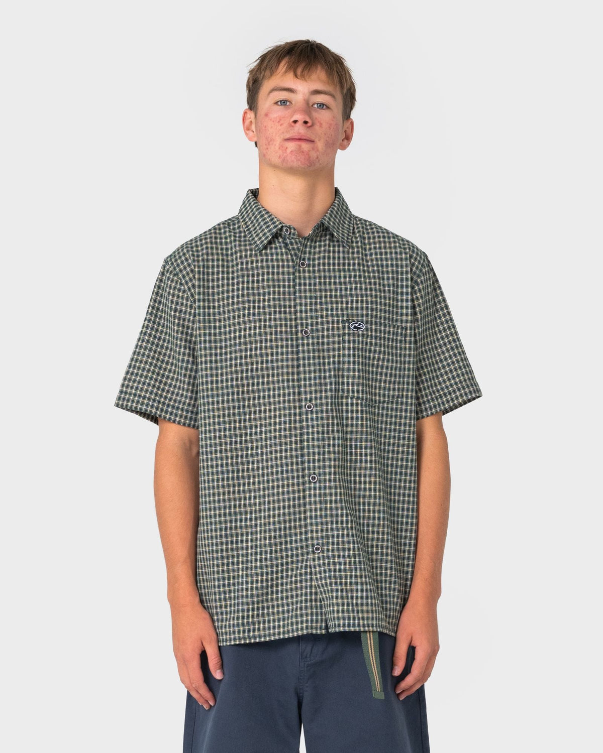Rusty Datsun Check Short Sleeve Shirt in dark green - detail
