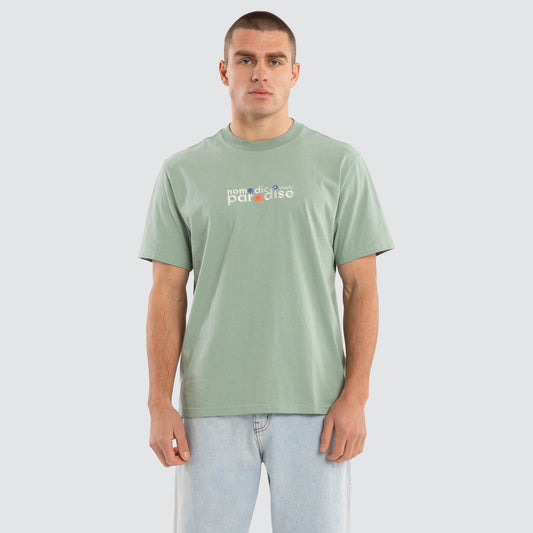 Man wearing a light green t-shirt with text on a plain background