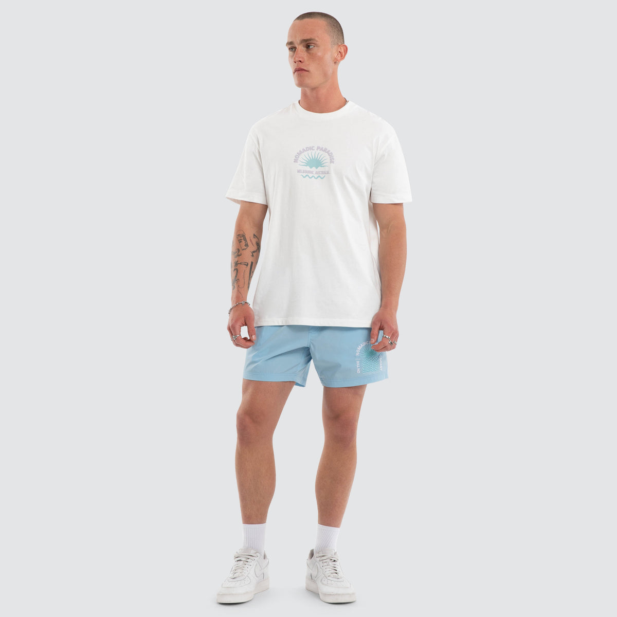 Nomadic Home Grown relaxed tee in natural white, front view