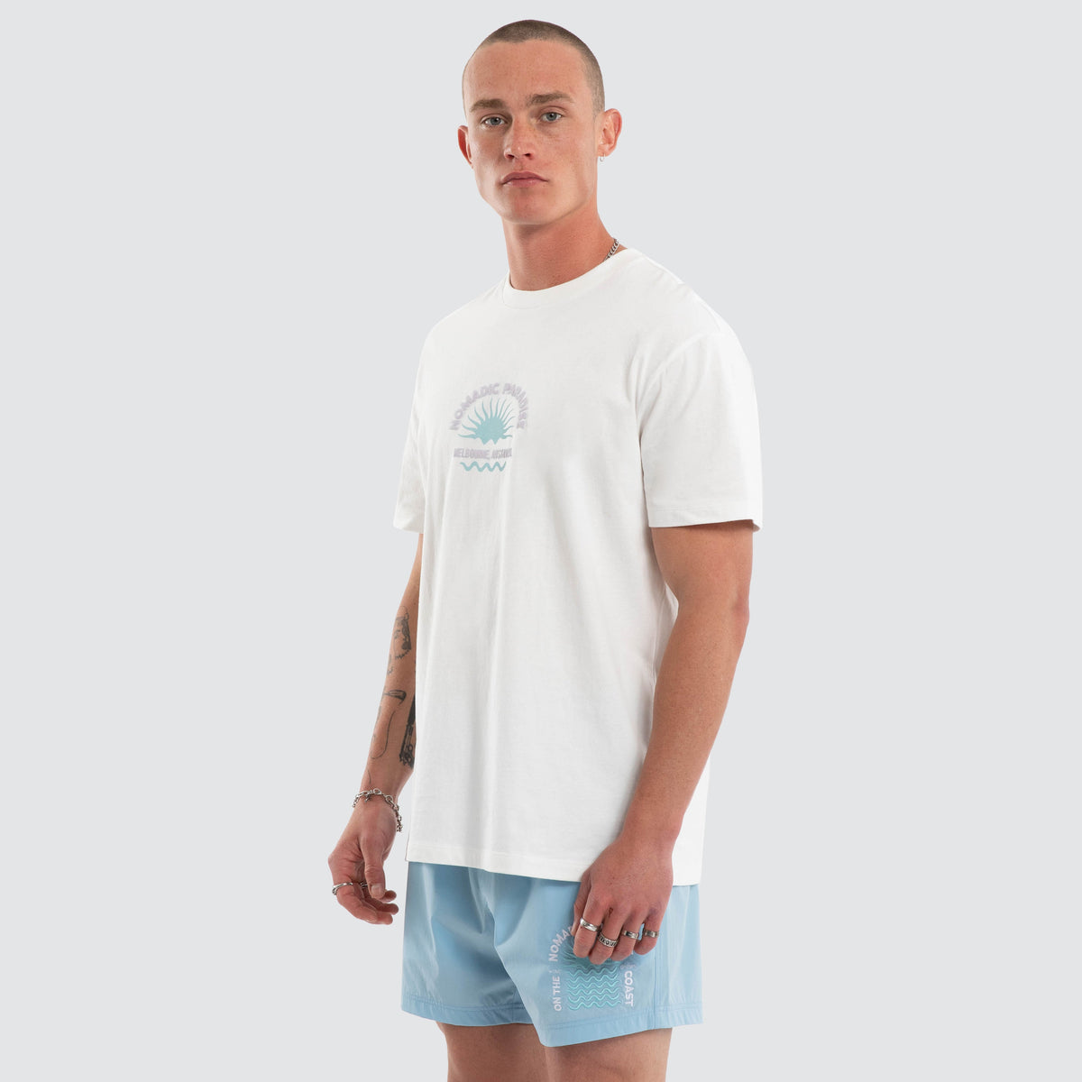 Nomadic Home Grown relaxed tee in natural white, styled view