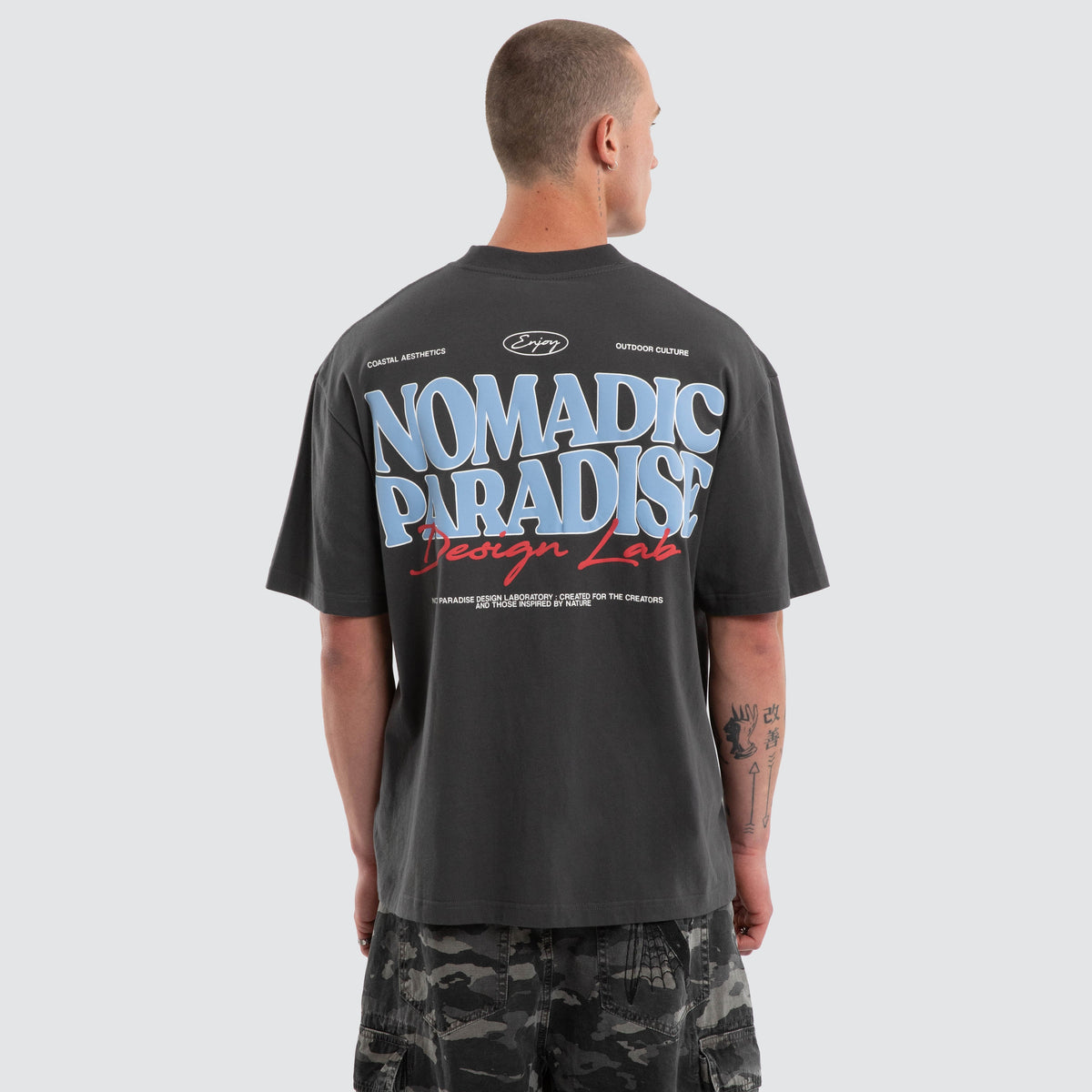 Nomadic Enjoy street tee in asphalt, back graphic