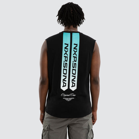 Person wearing a black sleeveless shirt with branding on the back against a white background