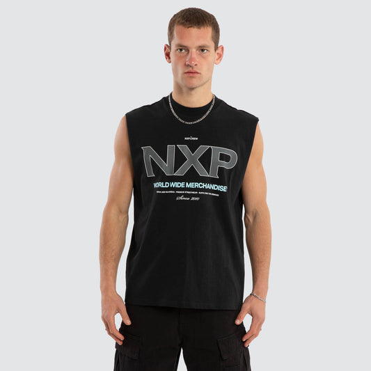 Man wearing a black sleeveless shirt with 'NXP' logo on a white background