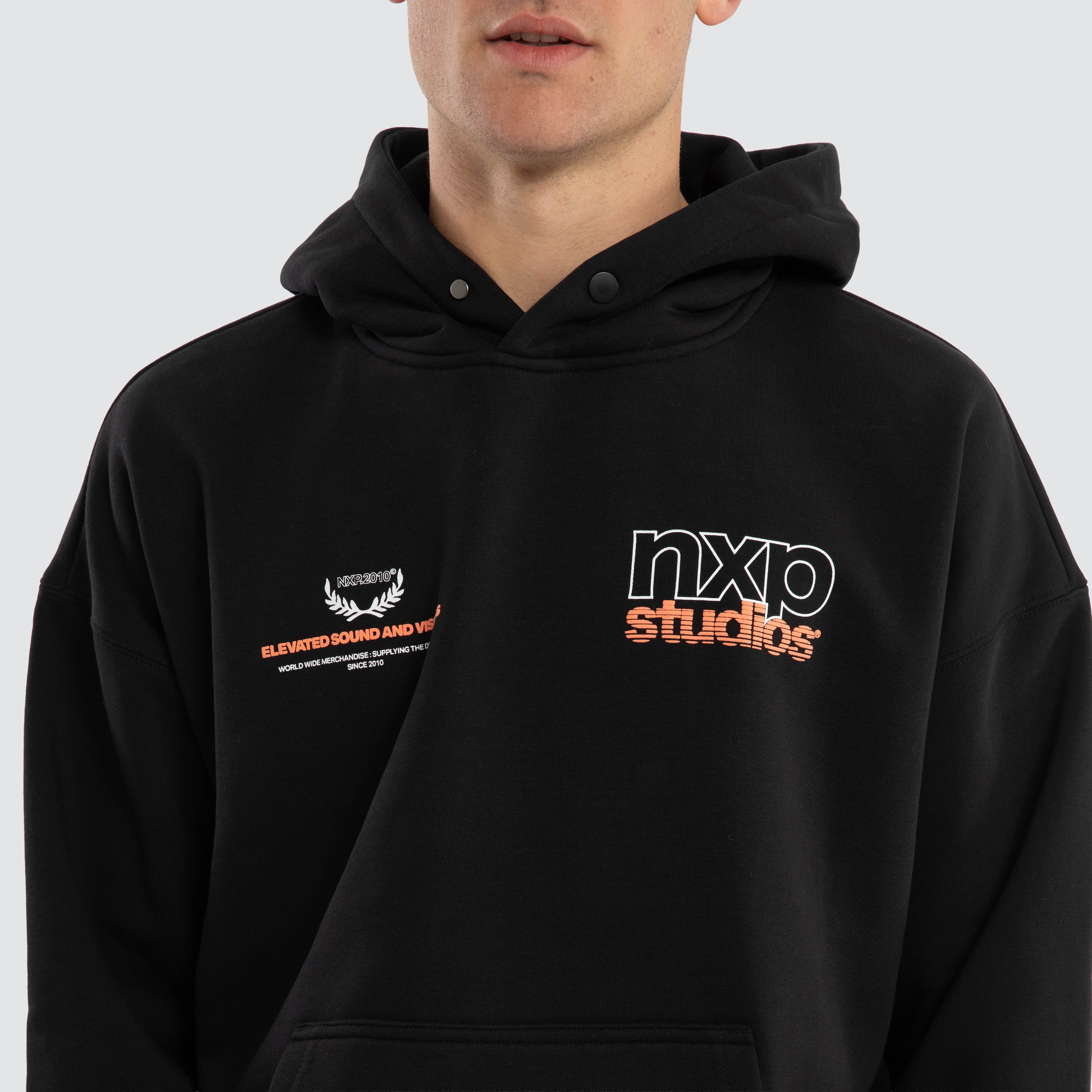 NXP Major Box Fit Hoodie Anthracite Black - worn on model