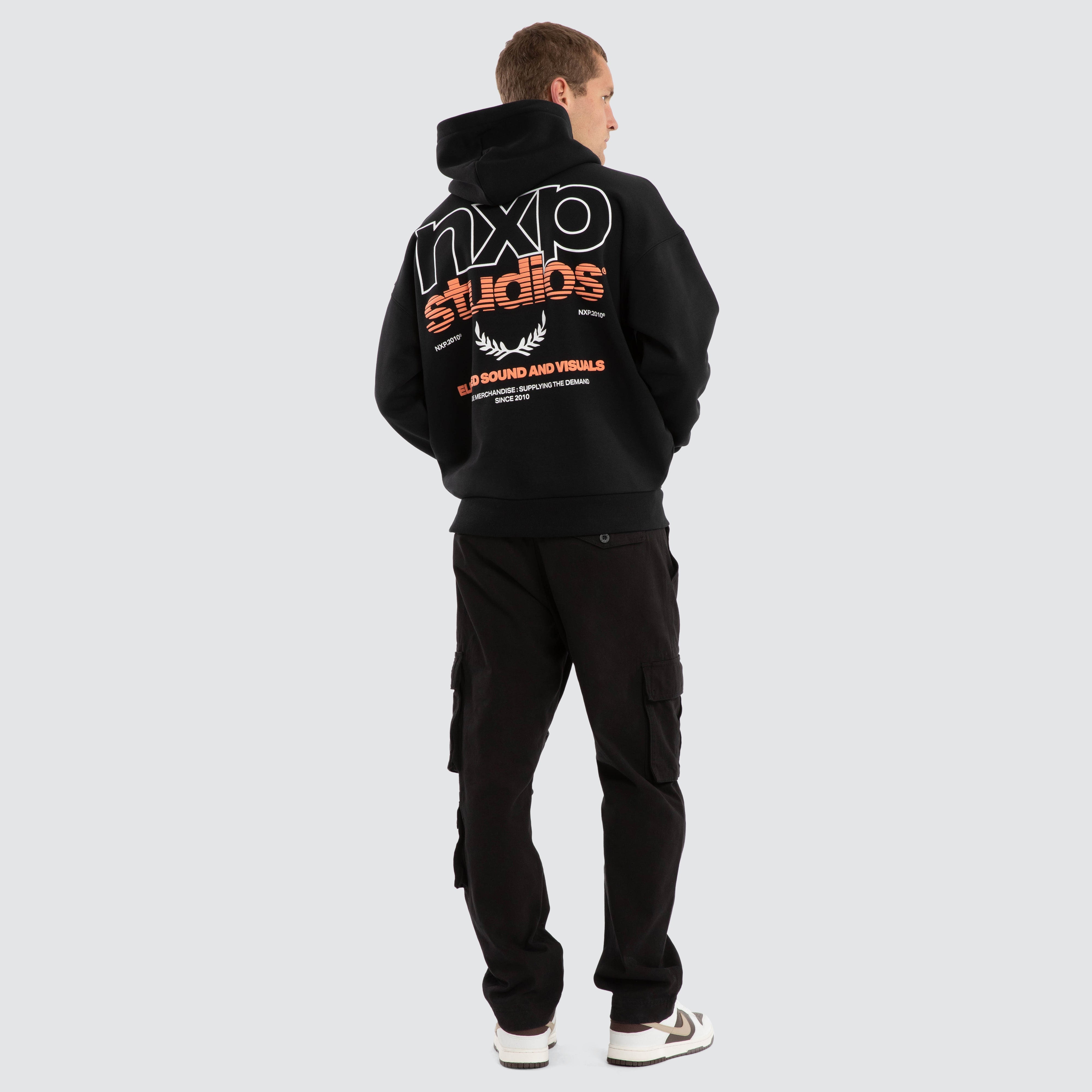 NXP Major Box Fit Hoodie Anthracite Black - worn on model side view