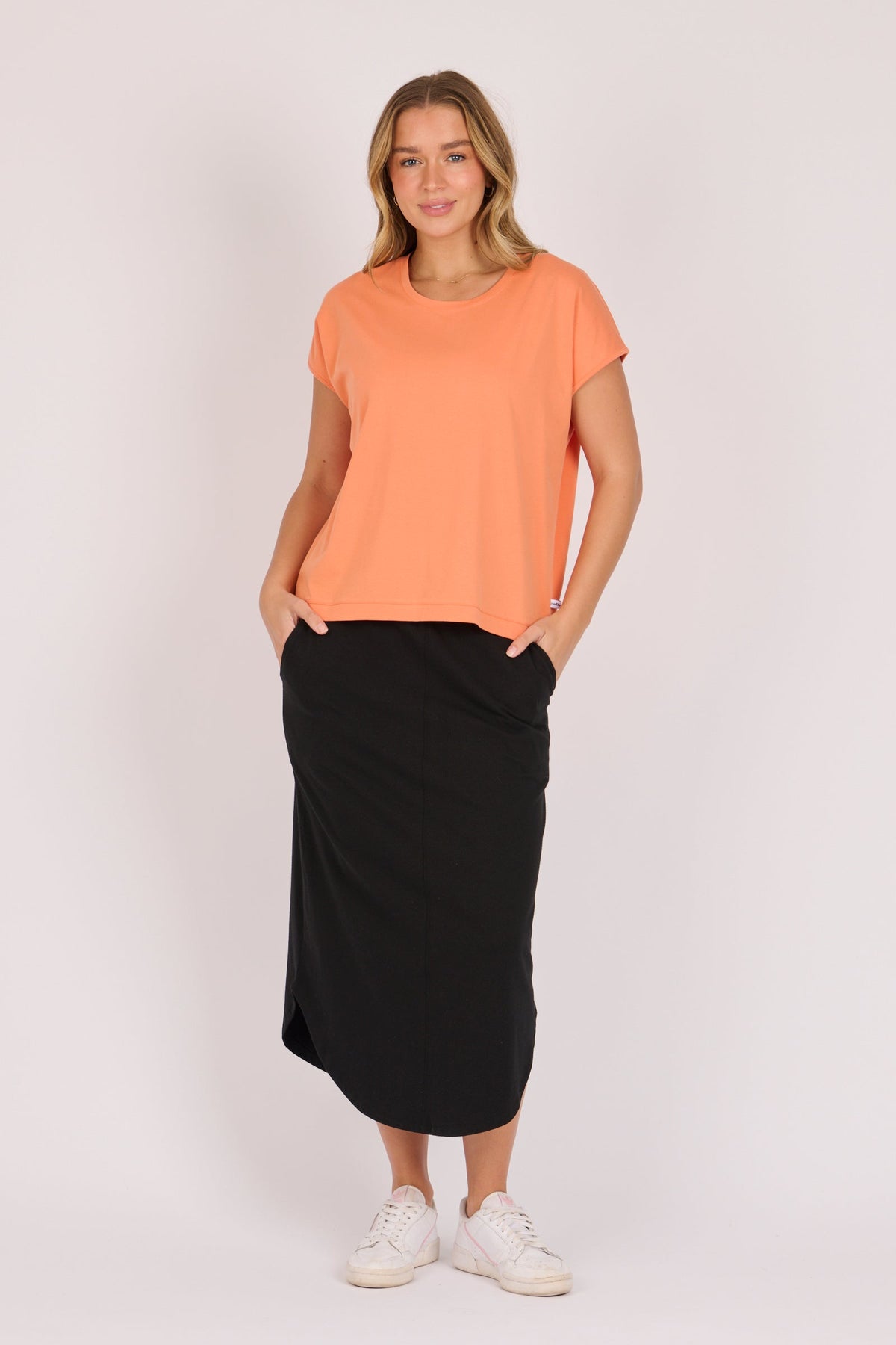 One Ten Willow shell tee in orange, styled view