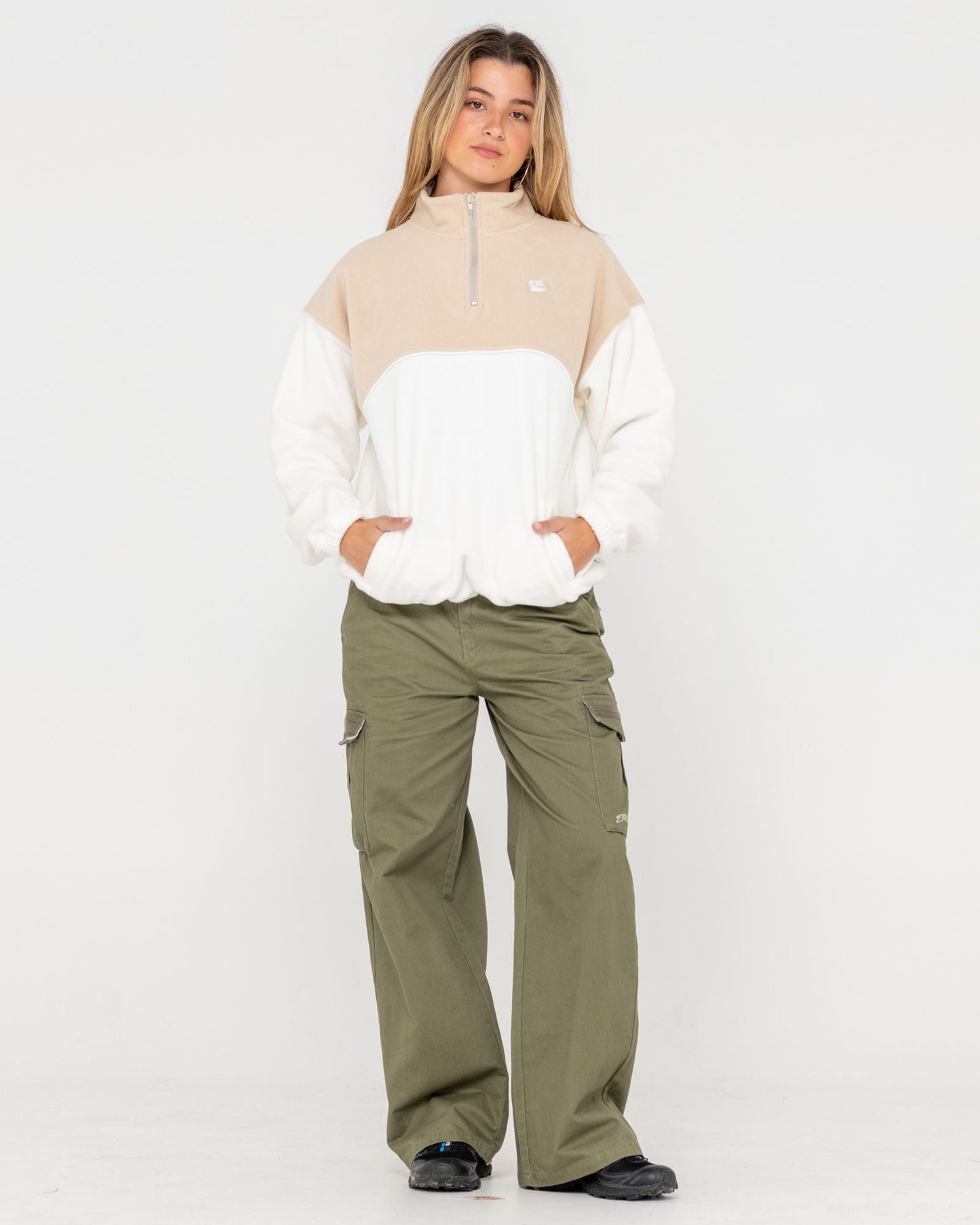 Tonal Division Half Zip Polar Fleece - Oat Brown