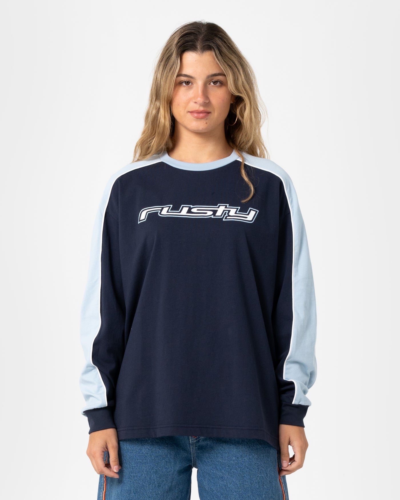 Fine Line Contrast Long Sleeve Tee - Navy Blue - Catani Clothing
