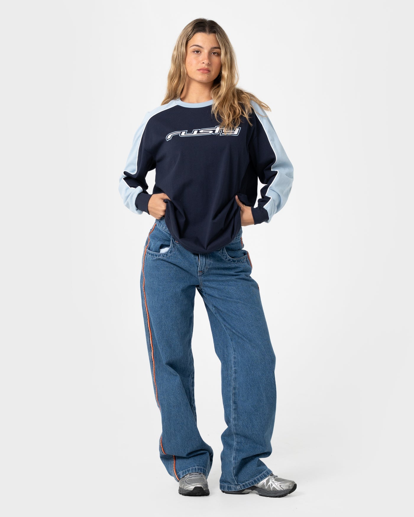 Fine Line Contrast Long Sleeve Tee - Navy Blue - Catani Clothing