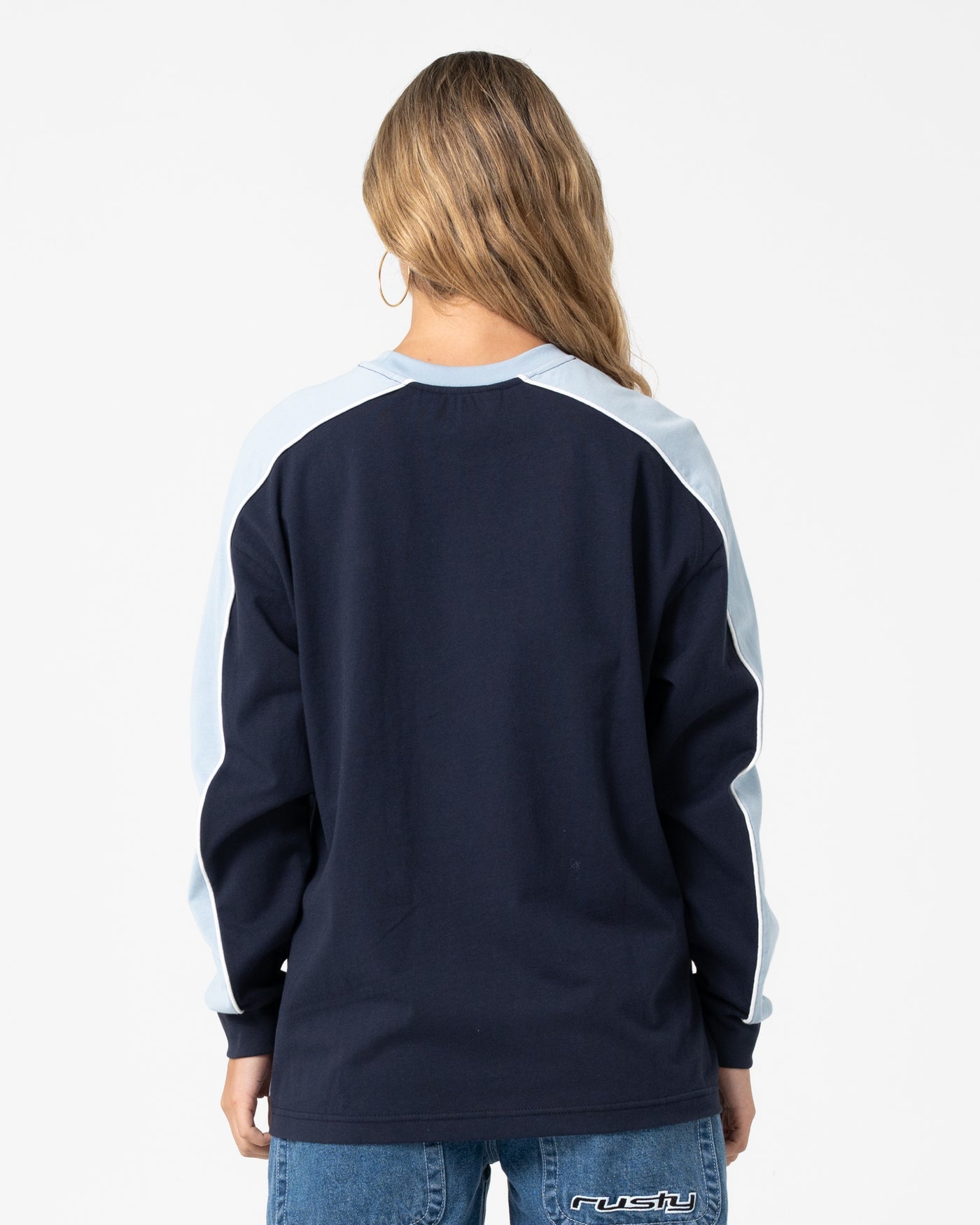 Fine Line Contrast Long Sleeve Tee - Navy Blue - Catani Clothing