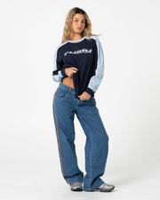 Fine Line Contrast Long Sleeve Tee - Navy Blue - Catani Clothing