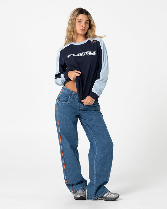 Fine Line Contrast Long Sleeve Tee - Navy Blue