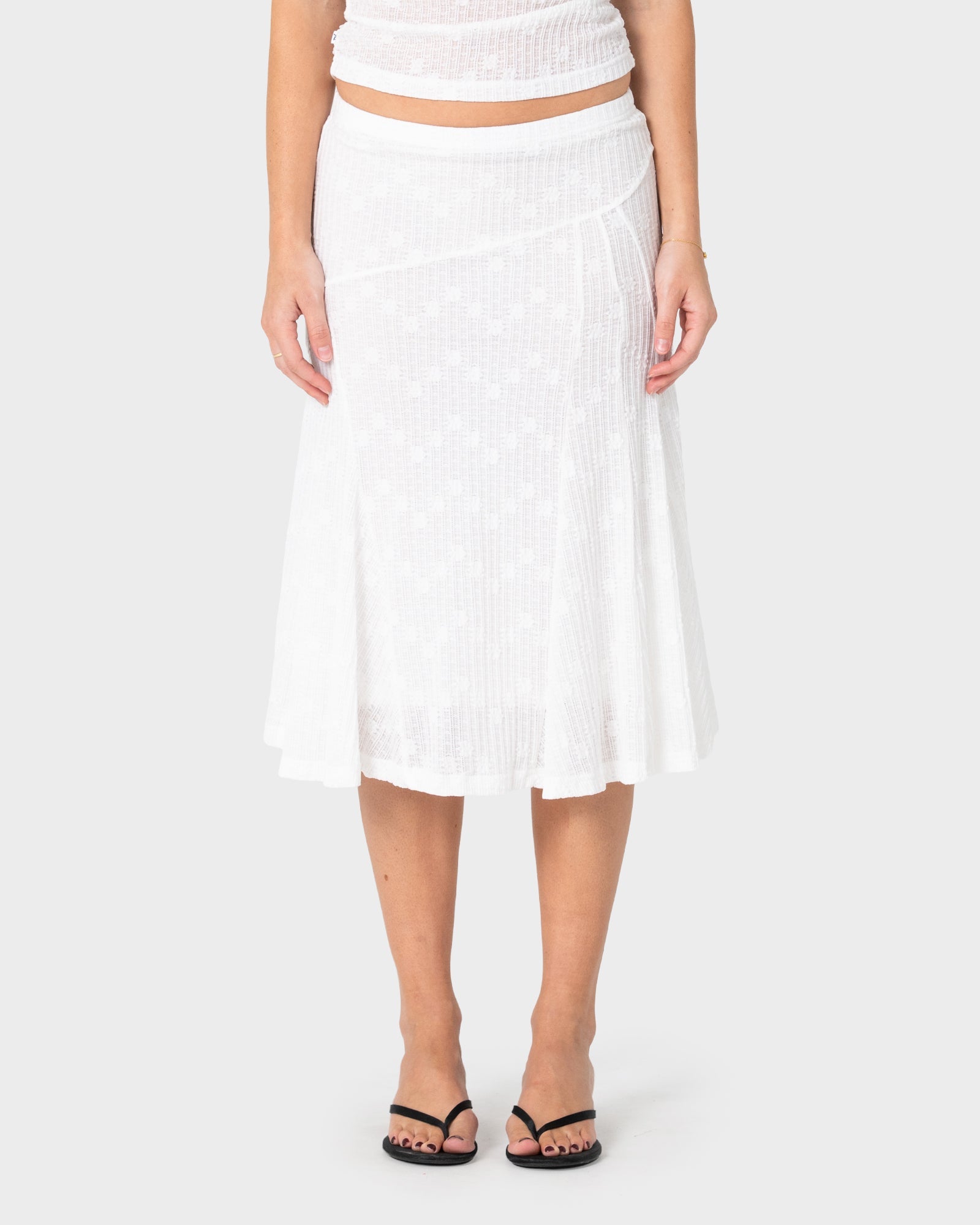 Roma Low Rise Lace Midi Skirt - White