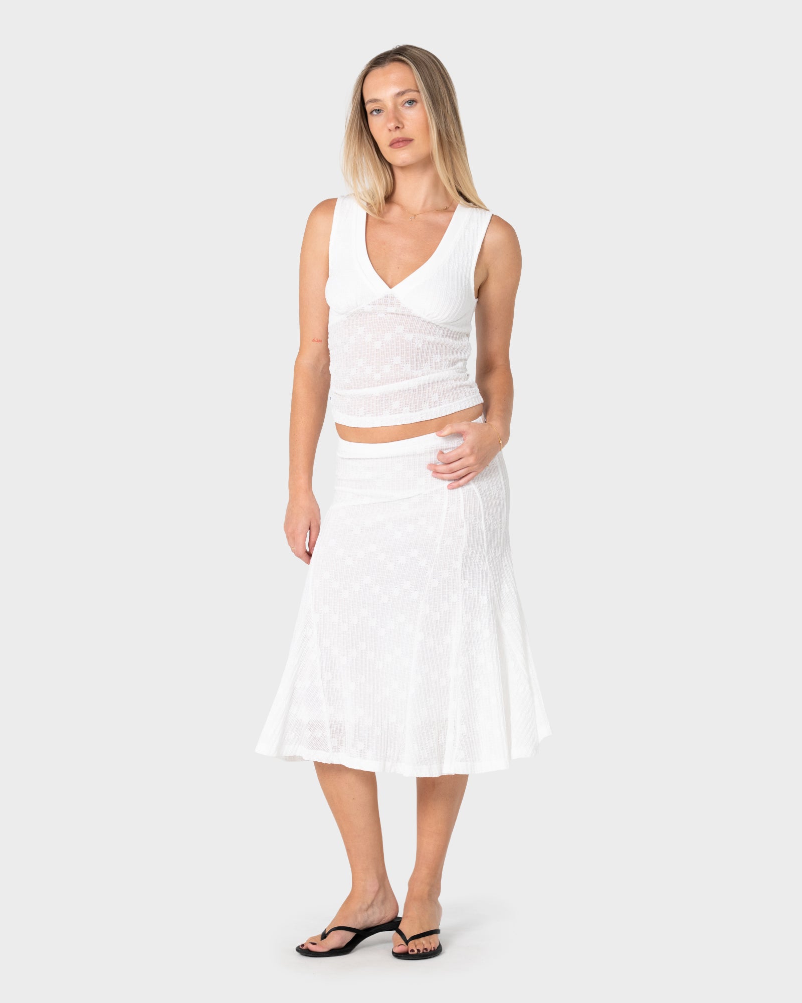 Roma Low Rise Lace Midi Skirt - White