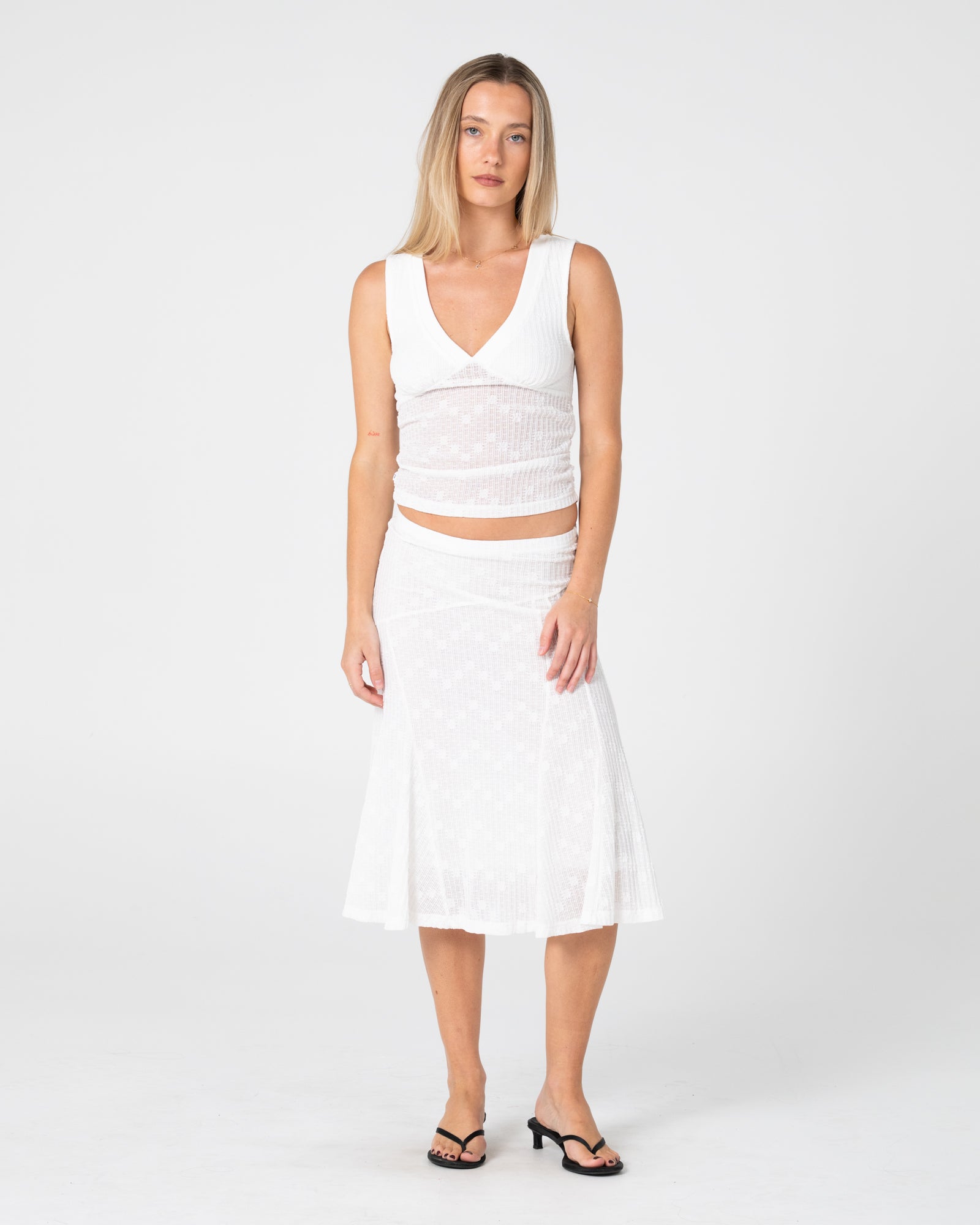 Roma Low Rise Lace Midi Skirt - White