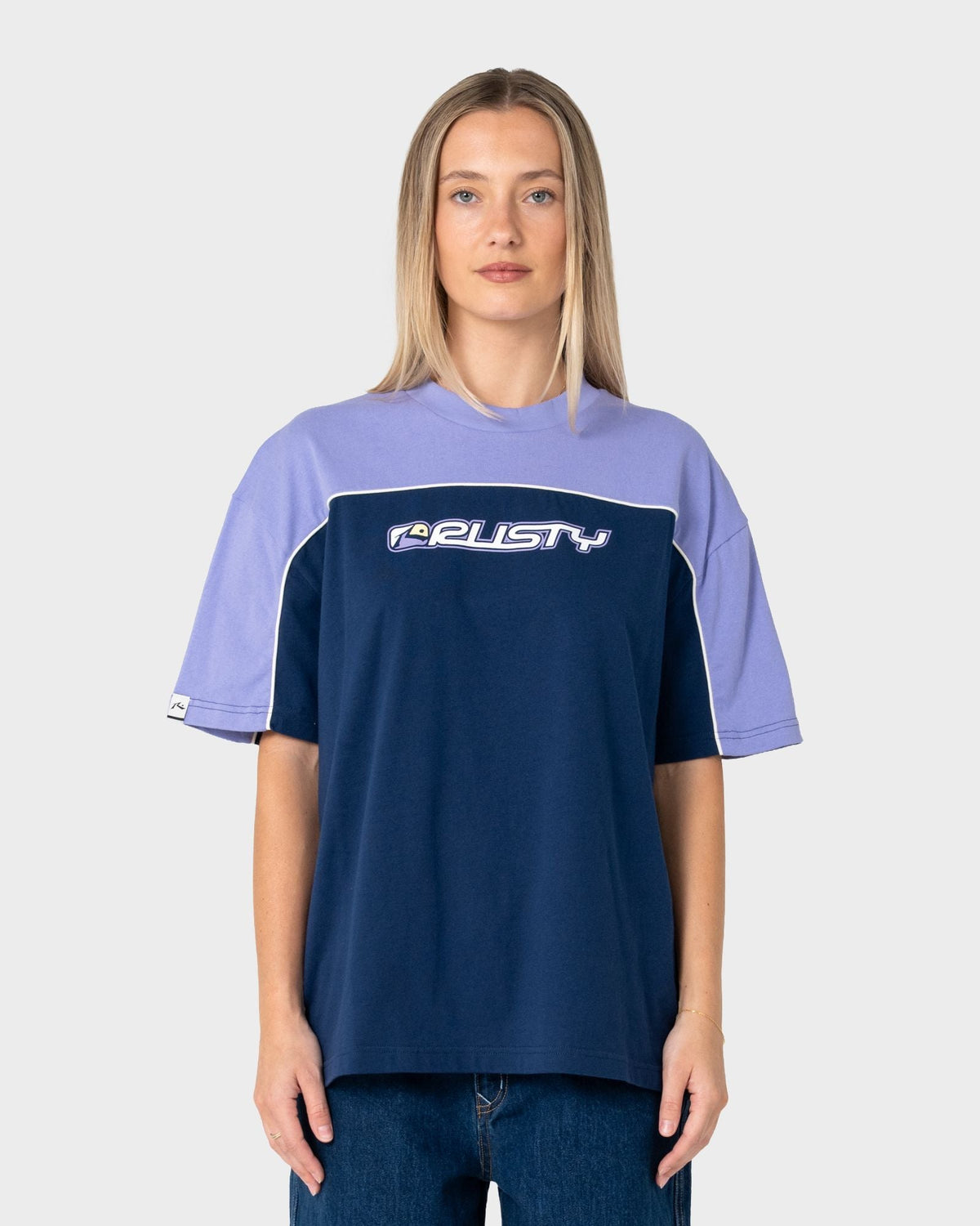 Rusty Archived Ops Oversize Tee in navy and mulberry purple
