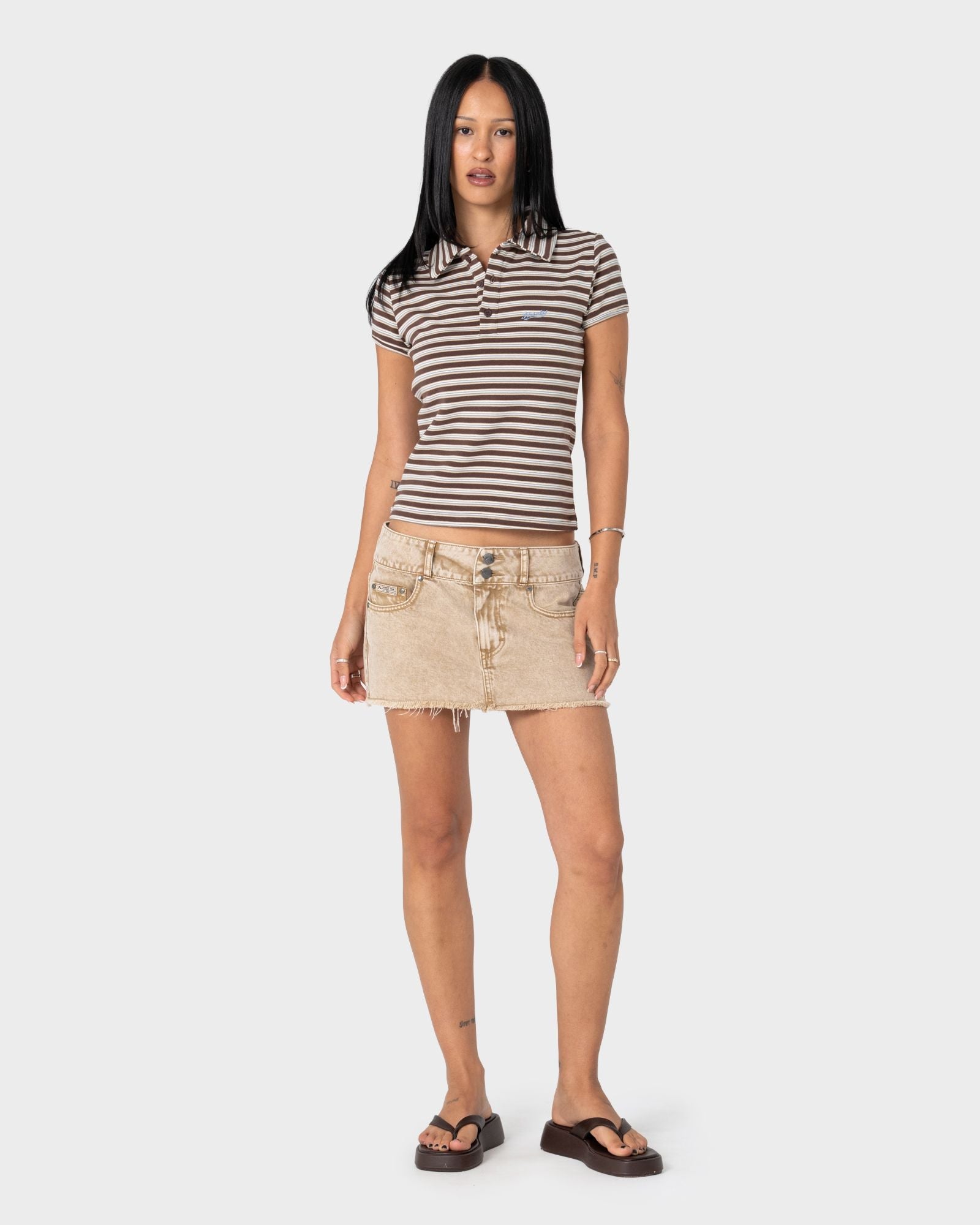 Peta Stripe Polo Baby Tee - Brown / Cream Stripe