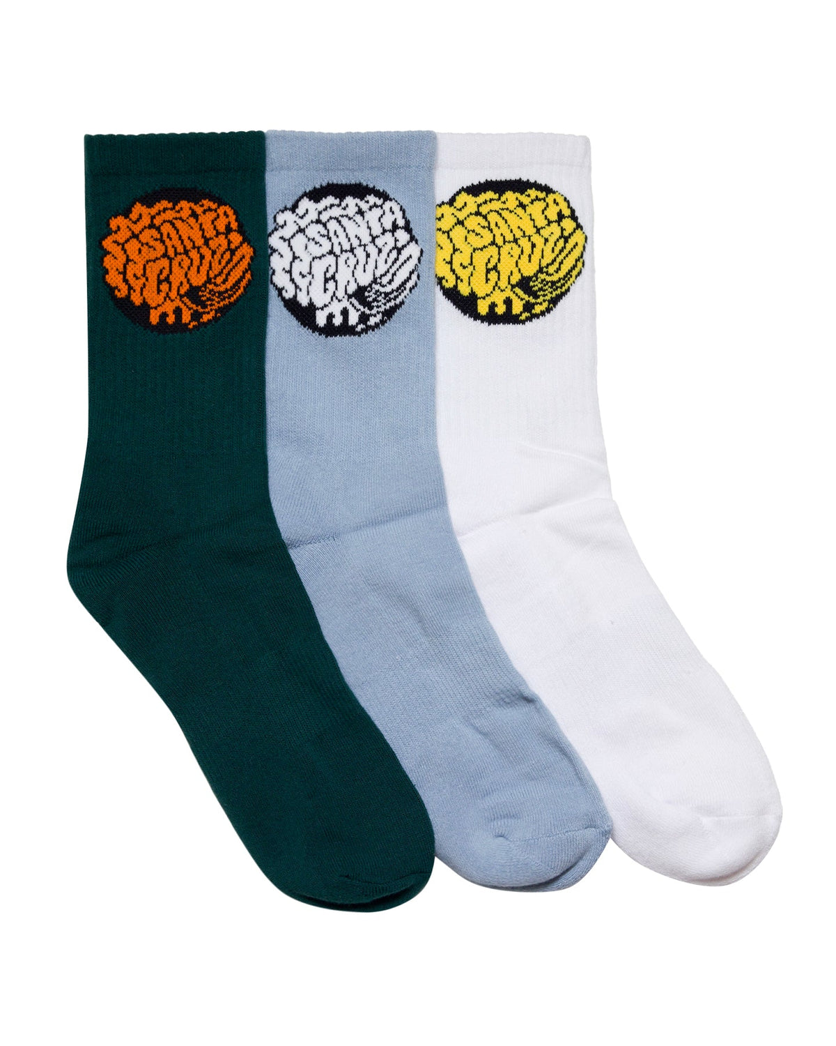 Santa Cruz Skate Brain Dot Crew Socks 3 pack in green, white and vintage blue