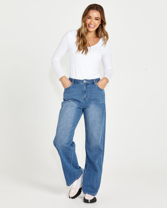 Emerald High Waisted Wide Leg Jeans - 80 Wash - Catani Clothing