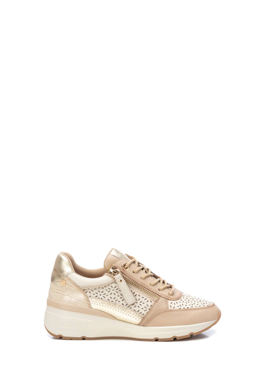 Lace Up Zip Trainer - Beige Leather