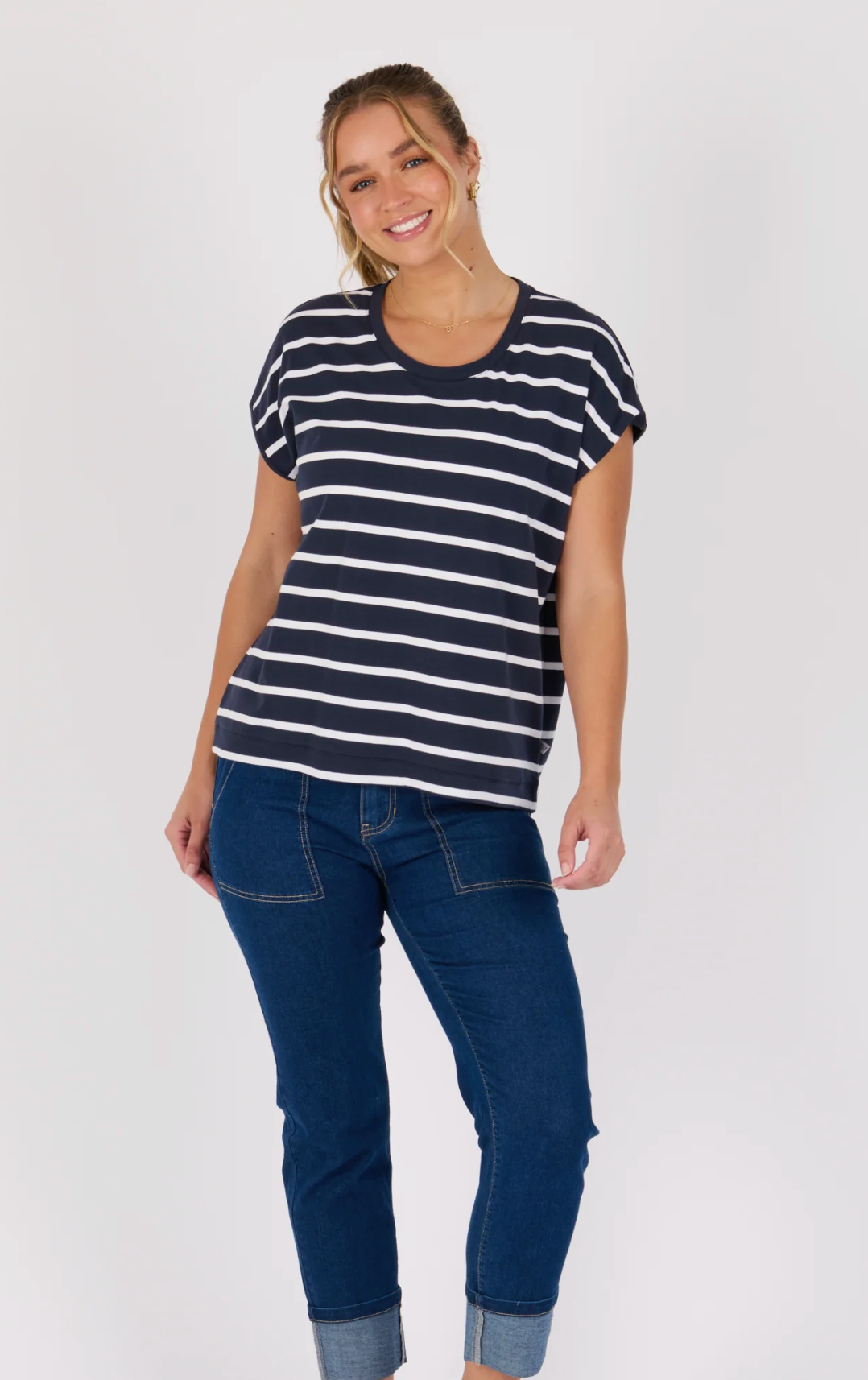 Shell Tee Round Neck - Navy / White Stripe