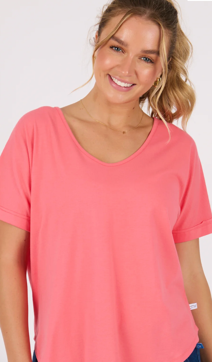 V-Neck Curve Hem Tee - Sunkist Coral
