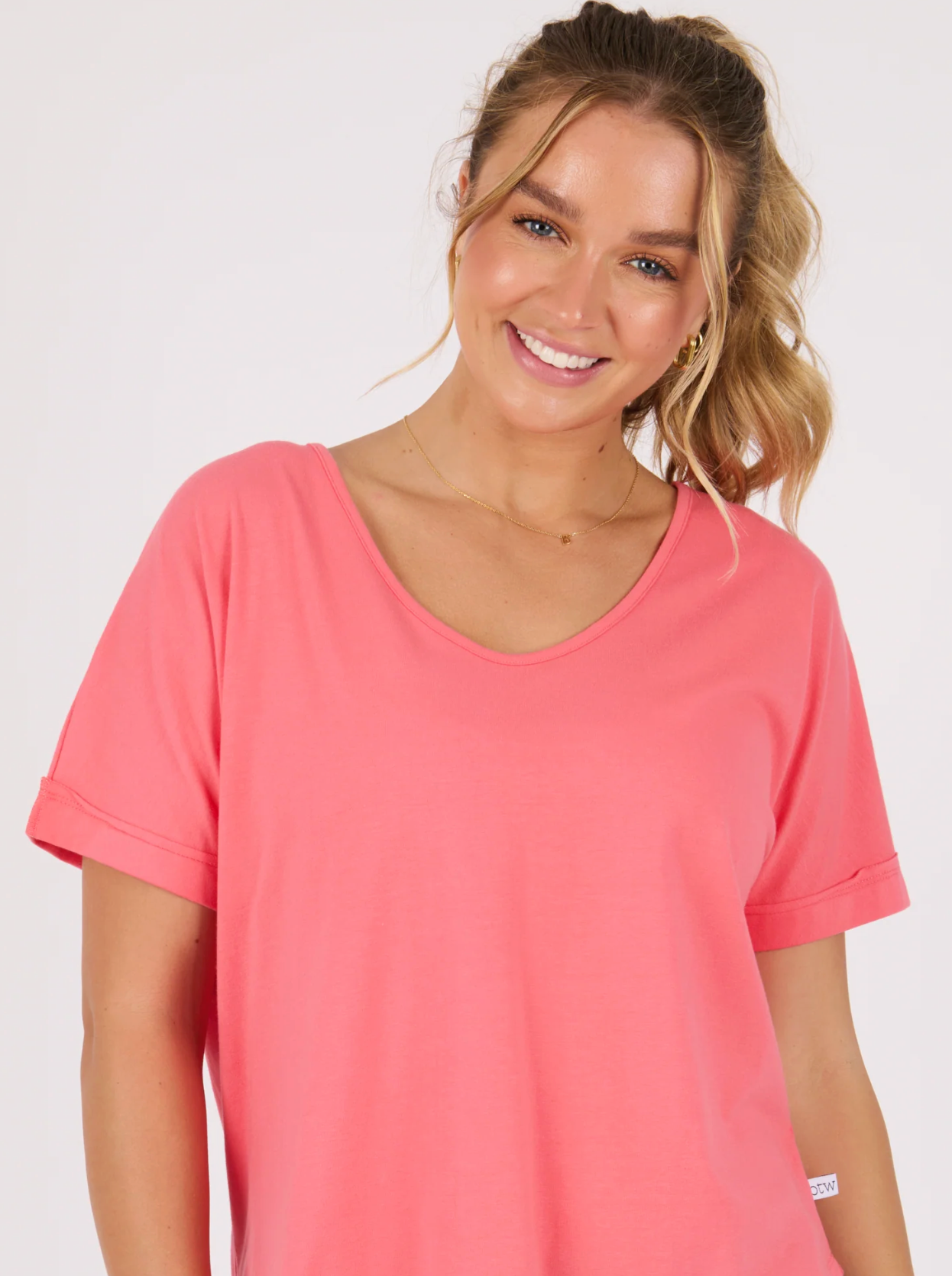 V-Neck Curve Hem Tee - Sunkist Coral