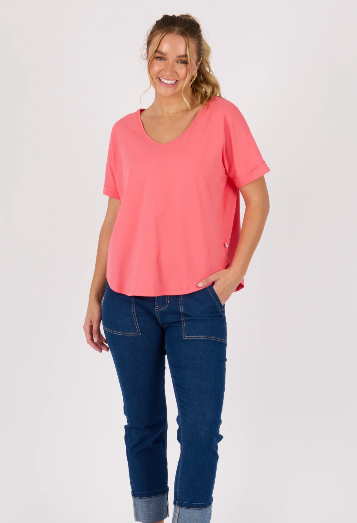 V-Neck Curve Hem Tee - Sunkist Coral