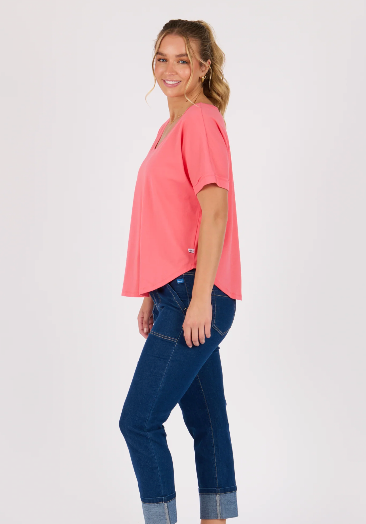 V-Neck Curve Hem Tee - Sunkist Coral