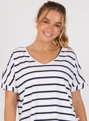 V-Neck Curve Hem Tee - White /  Navy Stripe - Catani Clothing