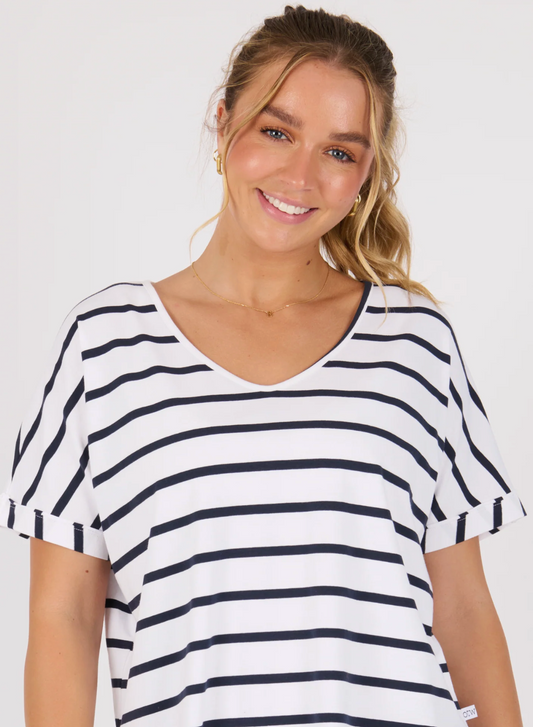 V-Neck Curve Hem Tee - White /  Navy Stripe