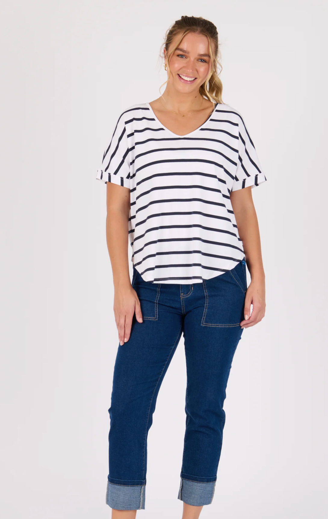 V-Neck Curve Hem Tee - White /  Navy Stripe