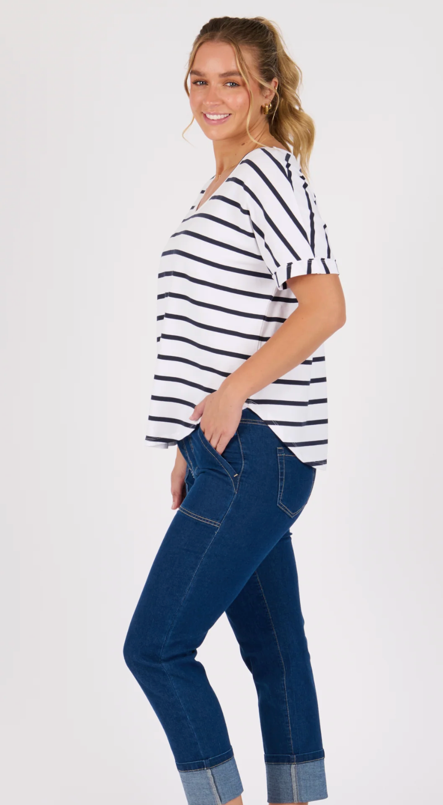 V-Neck Curve Hem Tee - White /  Navy Stripe