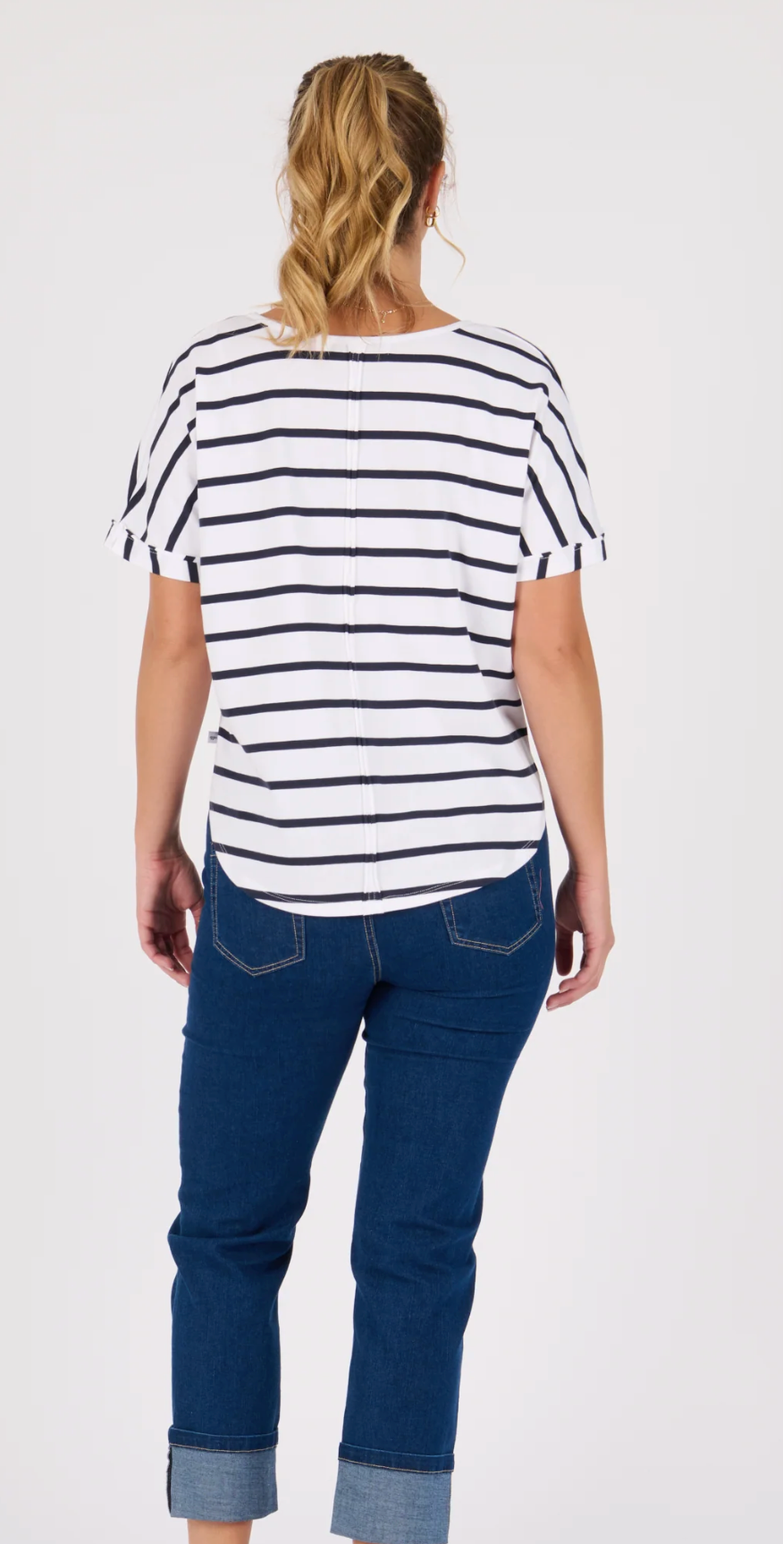 V-Neck Curve Hem Tee - White /  Navy Stripe