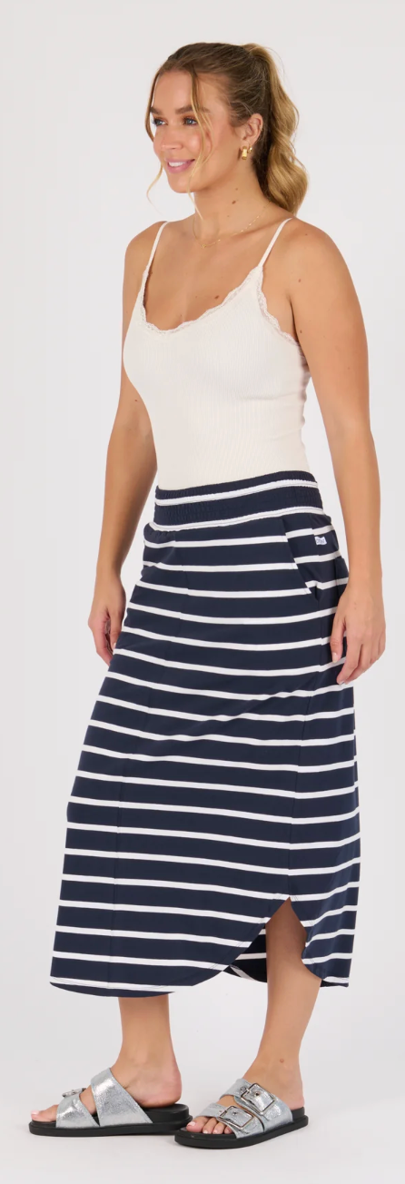 Scoop Hem Midi Skirt - Navy / White Stripe