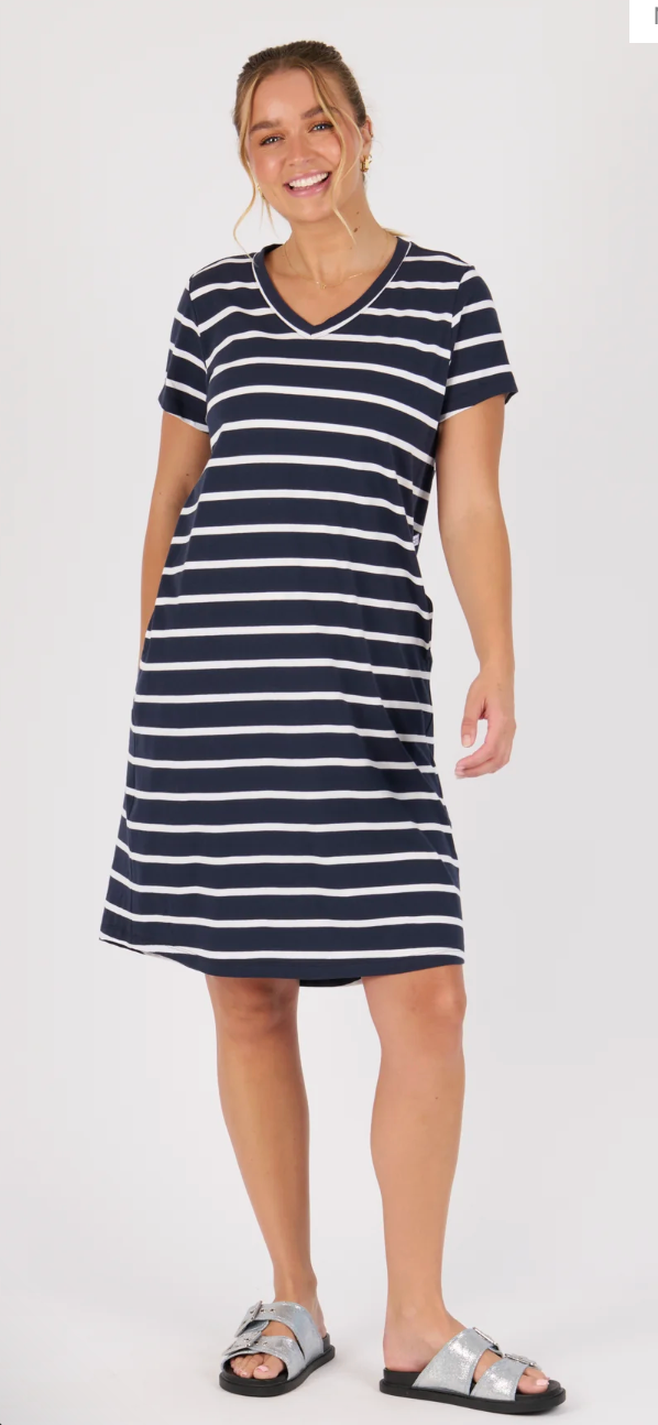 V-Neck Betty Dress - Navy / White Stripe