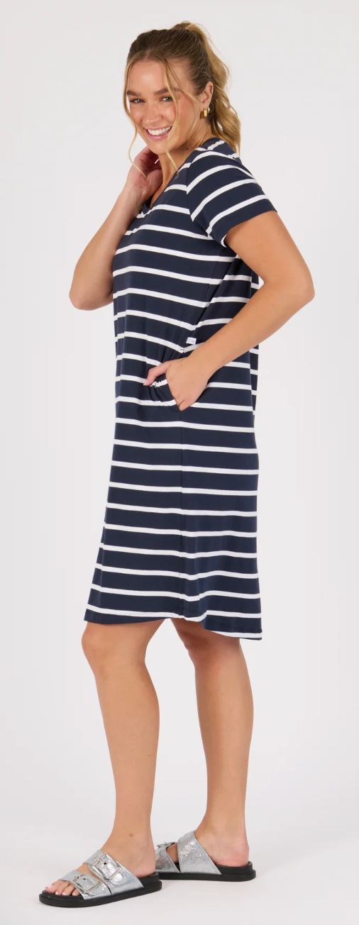 V-Neck Betty Dress - Navy / White Stripe