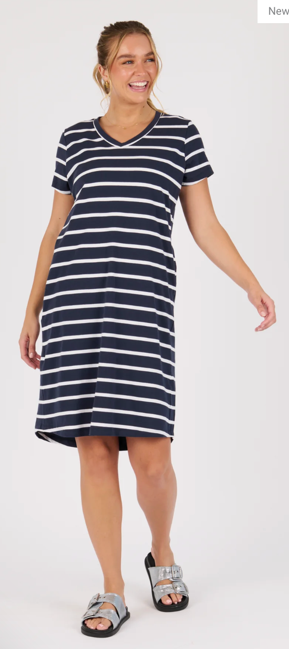 V-Neck Betty Dress - Navy / White Stripe