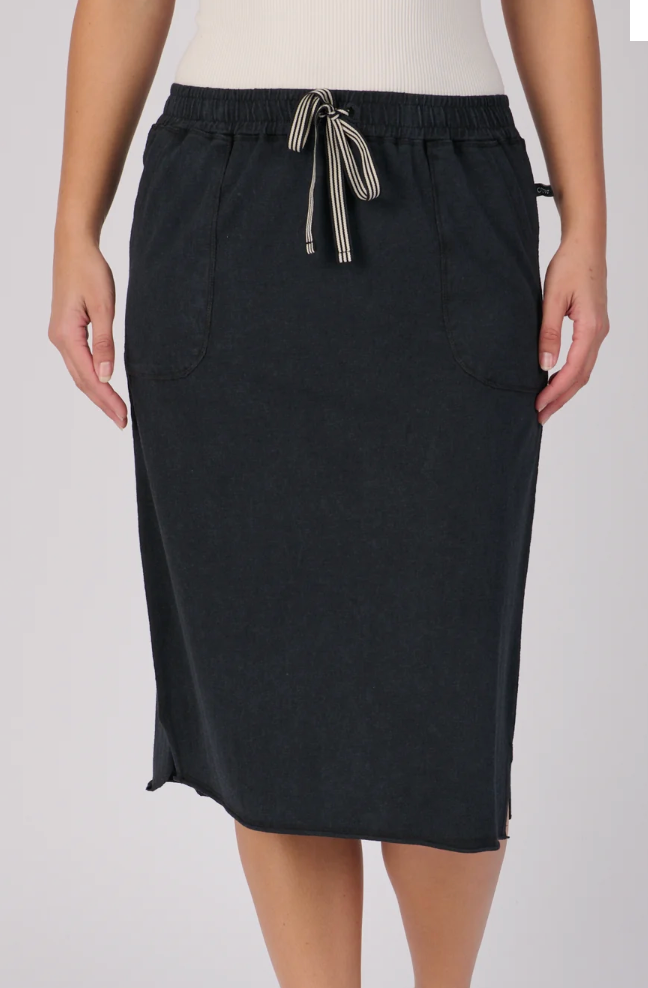 Curved Hem Midi Skirt - Washed Black