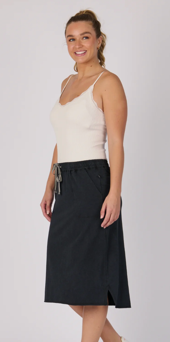 Curved Hem Midi Skirt - Washed Black