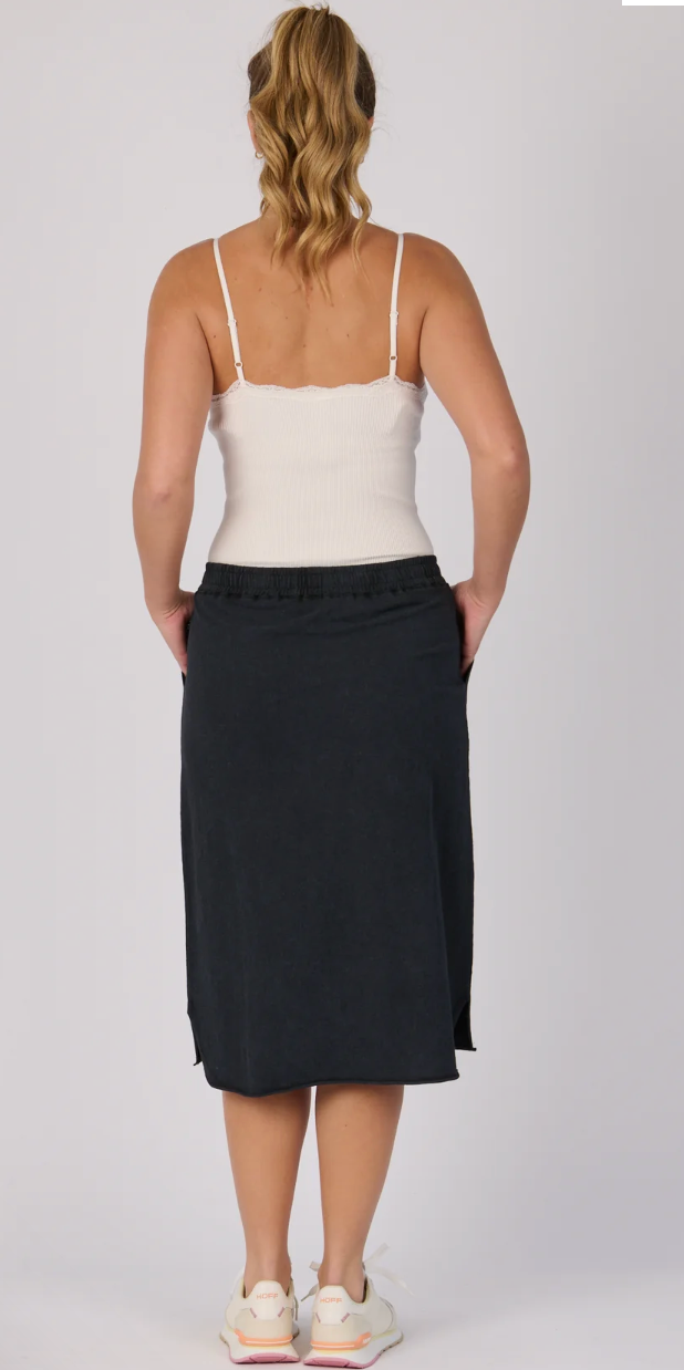 Curved Hem Midi Skirt - Washed Black