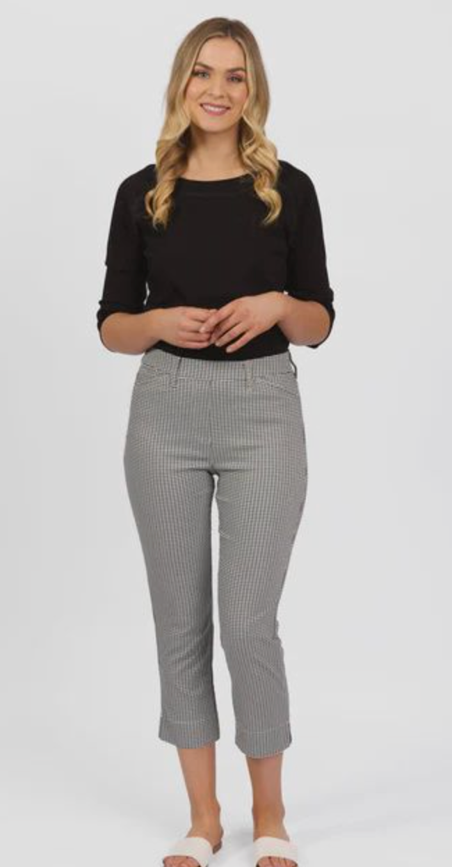 Slim Leg 7/8 Pull On Pant with Elastic Waistband - Mini Check