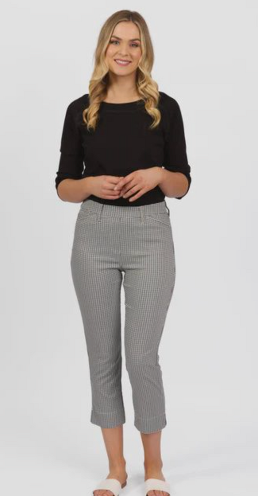 Slim Leg 7/8 Pull On Pant with Elastic Waistband - Mini Check
